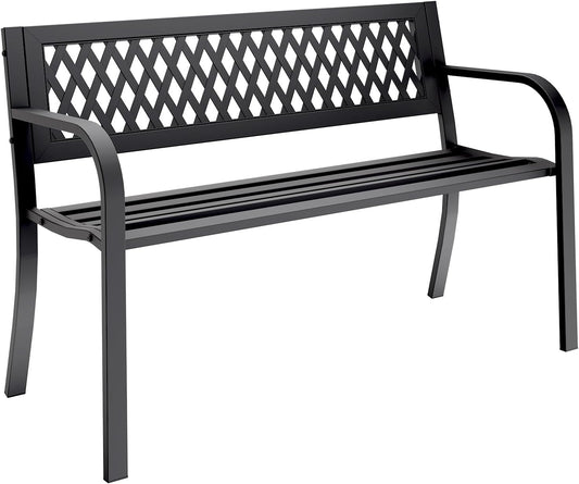 Outdoor Bench, Garden Patio Park Entryway Metal Bench with Comfortable Backrest, Sturdy Heavy Duty Loveseat Front Porch Backyard Lawn Furniture for Outside