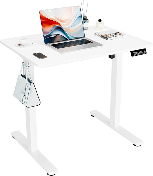 ERGOMAKER Electric Standing Desk, 31.5" x 23.6" Height Adjustable Sit Stand Desk with Splice Board for Home Office, Computer Desk Memory Preset (White Frame, White Desktop)