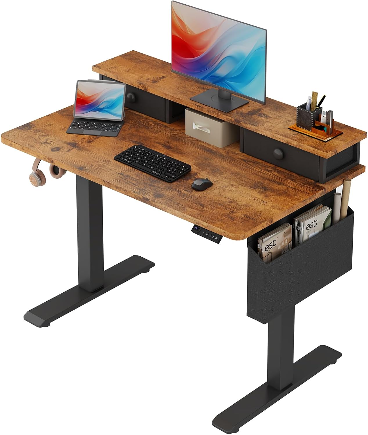 Electric Standing Desk Adjustable Height - 40 Inch Sit Stand Desk with Storage Drawers , Small Standing Desks with Shelf Monitor Stand, Kids Girls Computer Desks for Bedroom Home Office, Rustic Brown