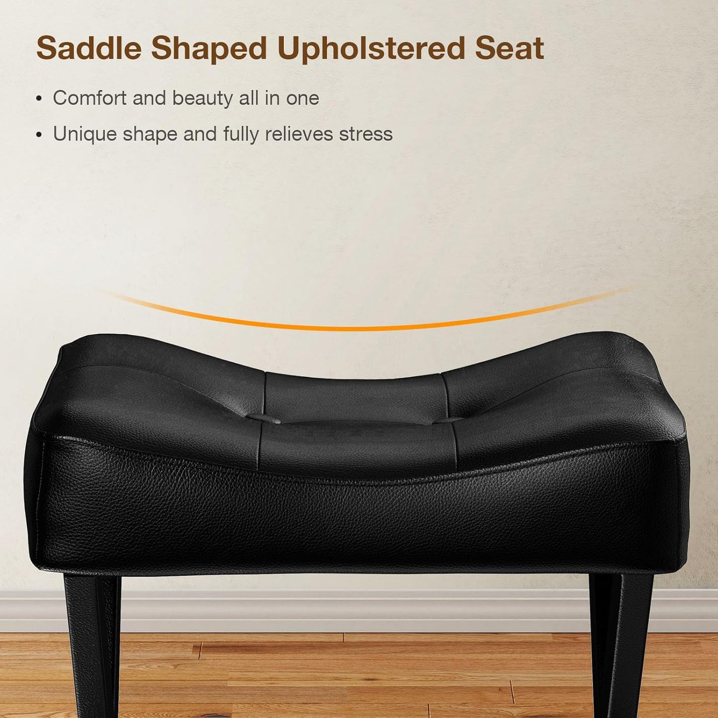 18-Inch Leather Vanity Stool Chair, Vanity Bench with Metal X-Leg, Ottoman Accent Stool with Thick Padded Saddle Seat, Black