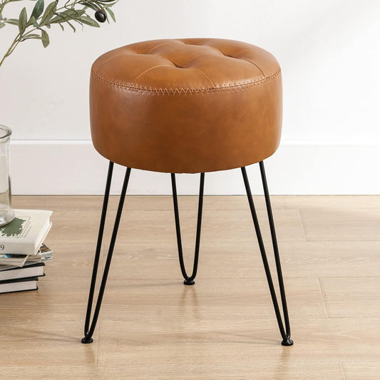 LUE BONA Faux Leather Vanity Stool Chair for Makeup Room,Brown Stool for Vanity,19” Height, Tufted Small Vanity Chair with Metal Legs, Modern Foot Ottoman for Bedroom, Living Room