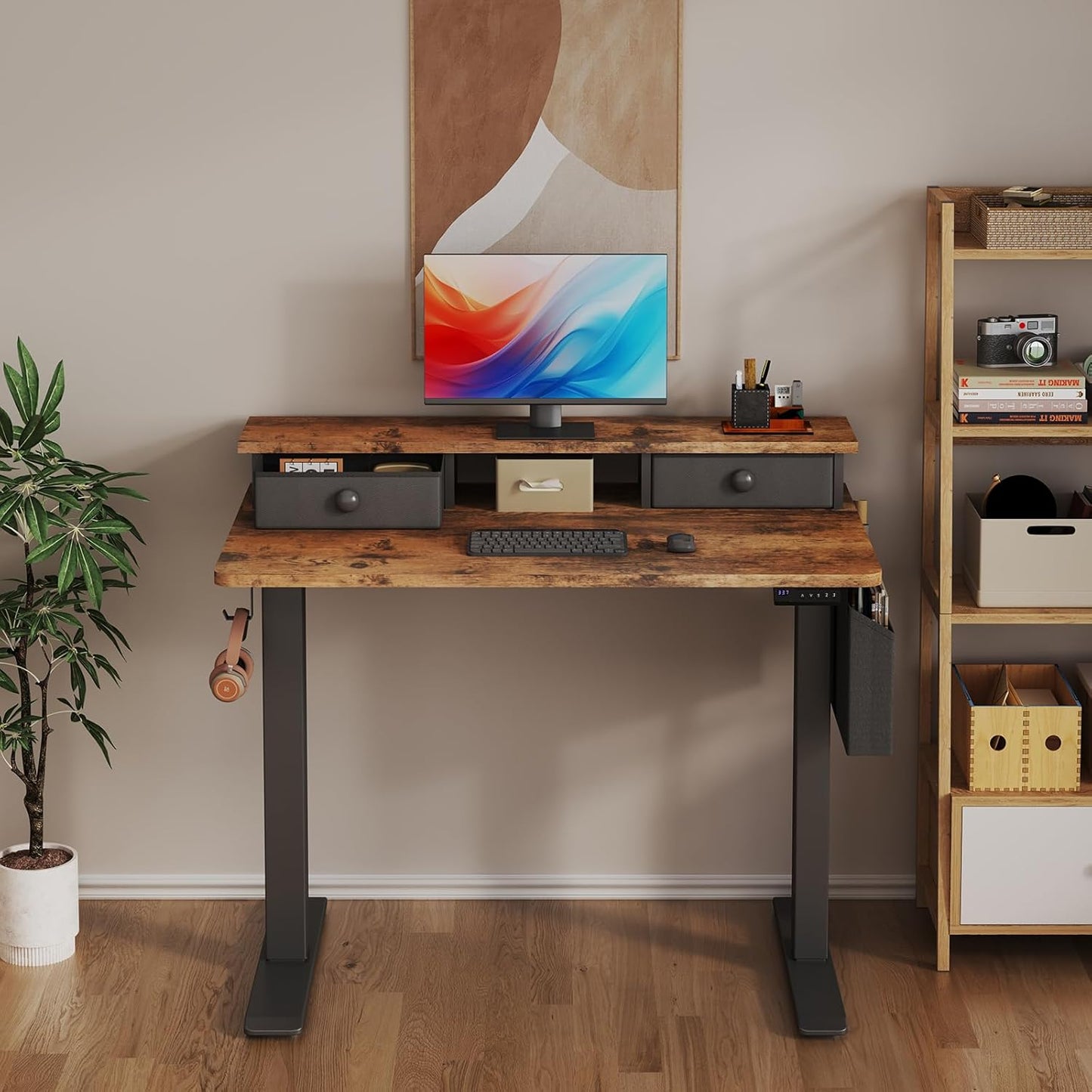 Electric Standing Desk Adjustable Height - 40 Inch Sit Stand Desk with Storage Drawers , Small Standing Desks with Shelf Monitor Stand, Kids Girls Computer Desks for Bedroom Home Office, Rustic Brown