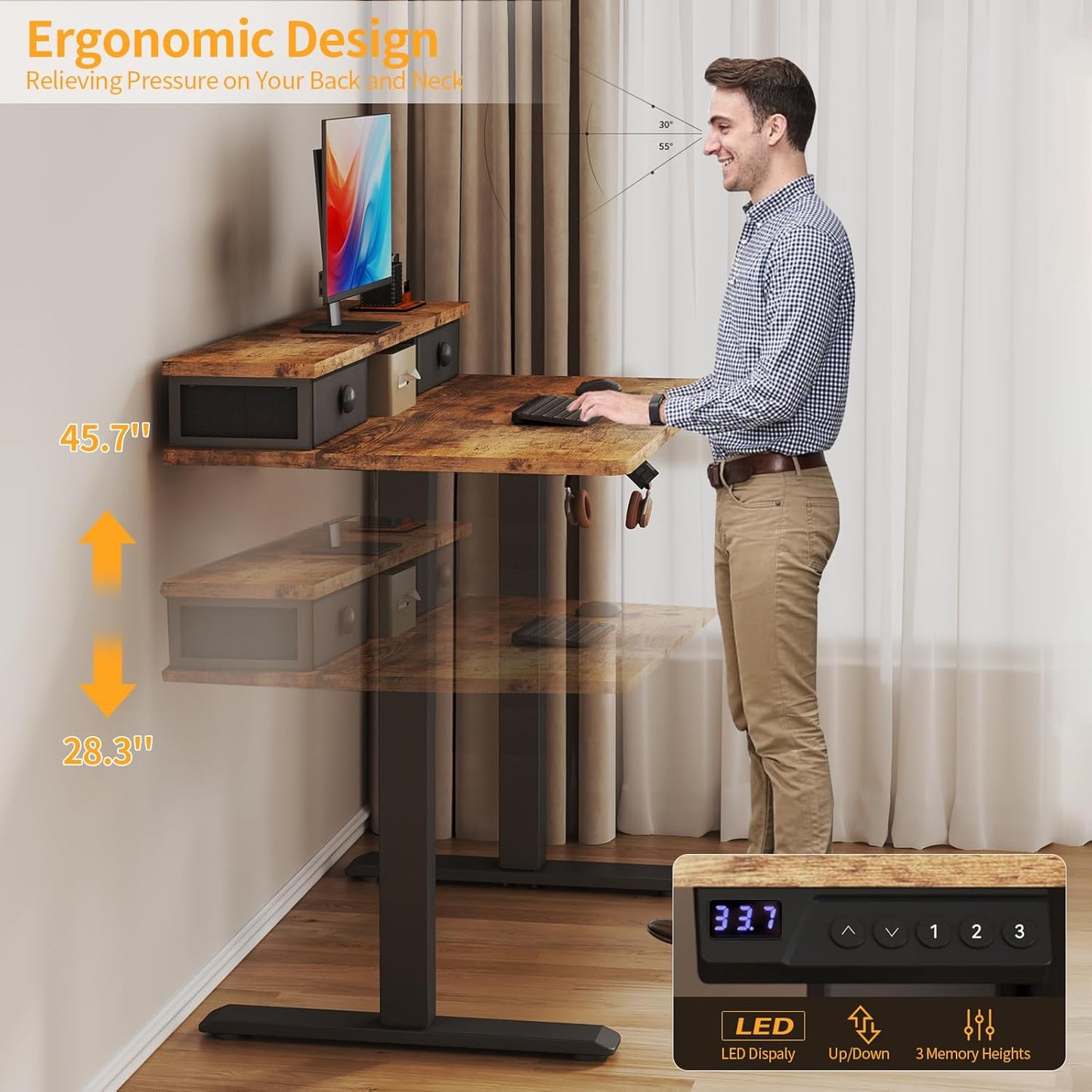 Electric Standing Desk Adjustable Height - 40 Inch Sit Stand Desk with Storage Drawers , Small Standing Desks with Shelf Monitor Stand, Kids Girls Computer Desks for Bedroom Home Office, Rustic Brown