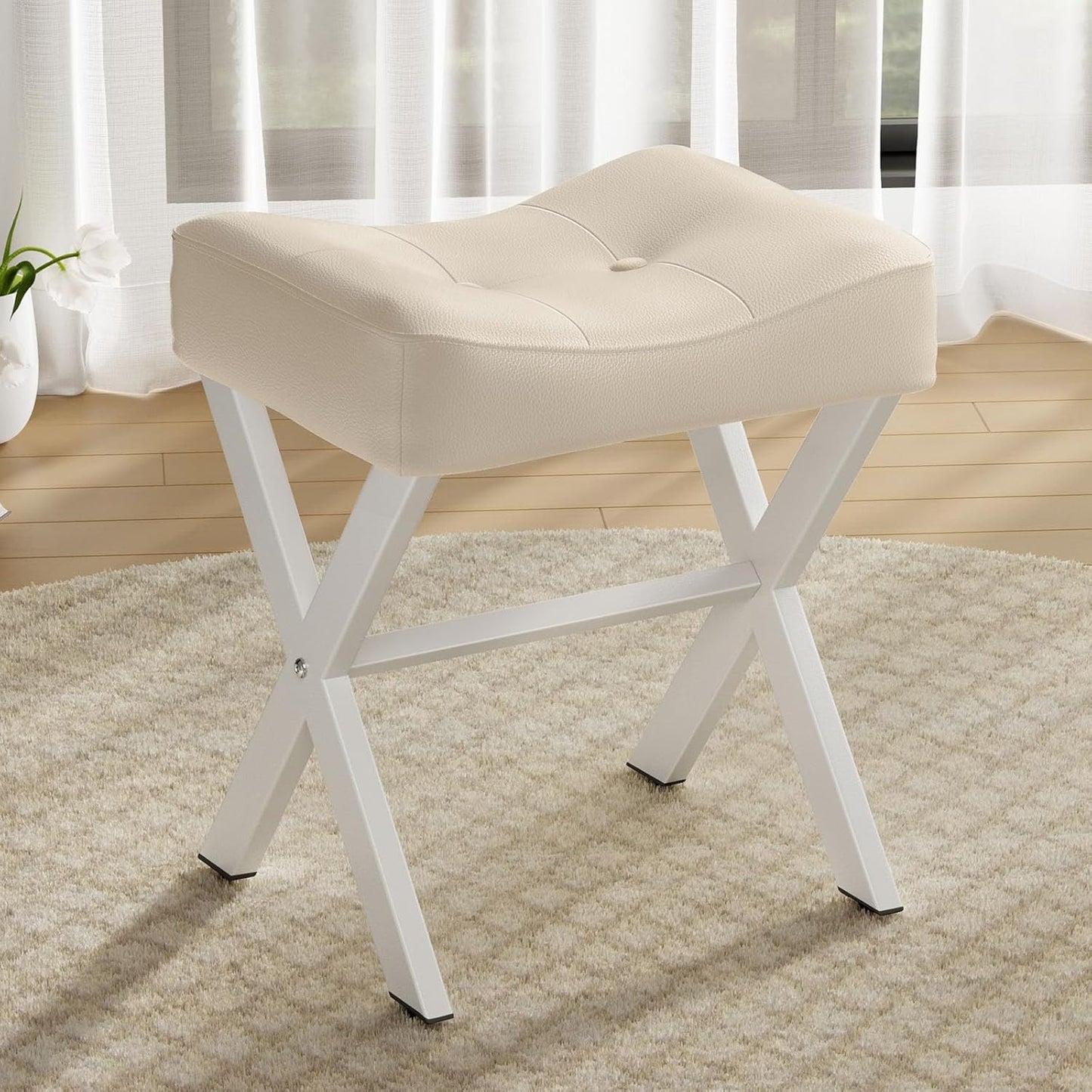 18-Inch Leather Vanity Stool Chair, Vanity Bench with Metal X-Leg, Ottoman Accent Stool with Thick Padded Saddle Seat, Black