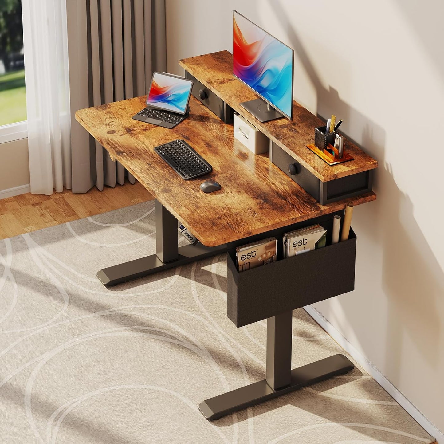 Electric Standing Desk Adjustable Height - 40 Inch Sit Stand Desk with Storage Drawers , Small Standing Desks with Shelf Monitor Stand, Kids Girls Computer Desks for Bedroom Home Office, Rustic Brown