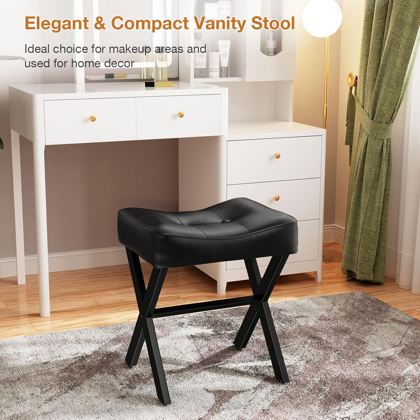 18-Inch Leather Vanity Stool Chair, Vanity Bench with Metal X-Leg, Ottoman Accent Stool with Thick Padded Saddle Seat, Black