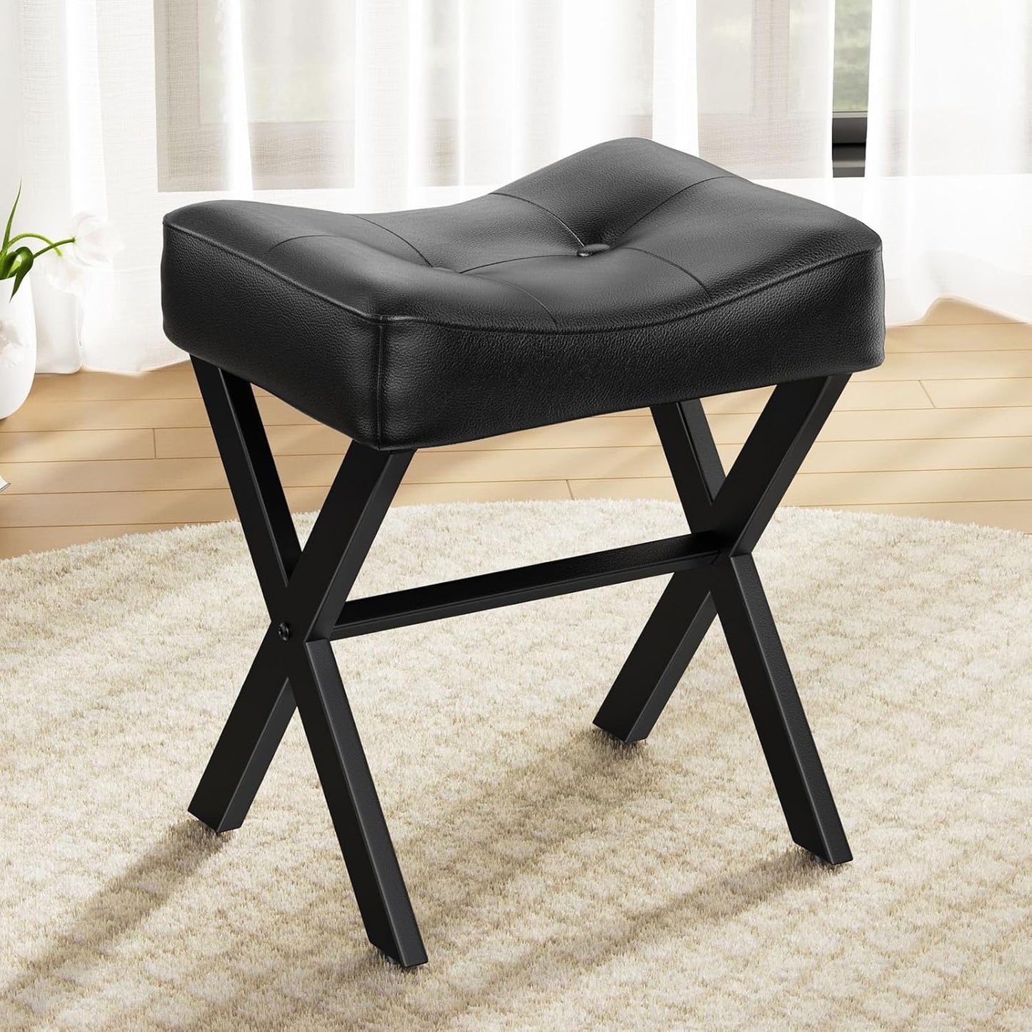 18-Inch Leather Vanity Stool Chair, Vanity Bench with Metal X-Leg, Ottoman Accent Stool with Thick Padded Saddle Seat, Black