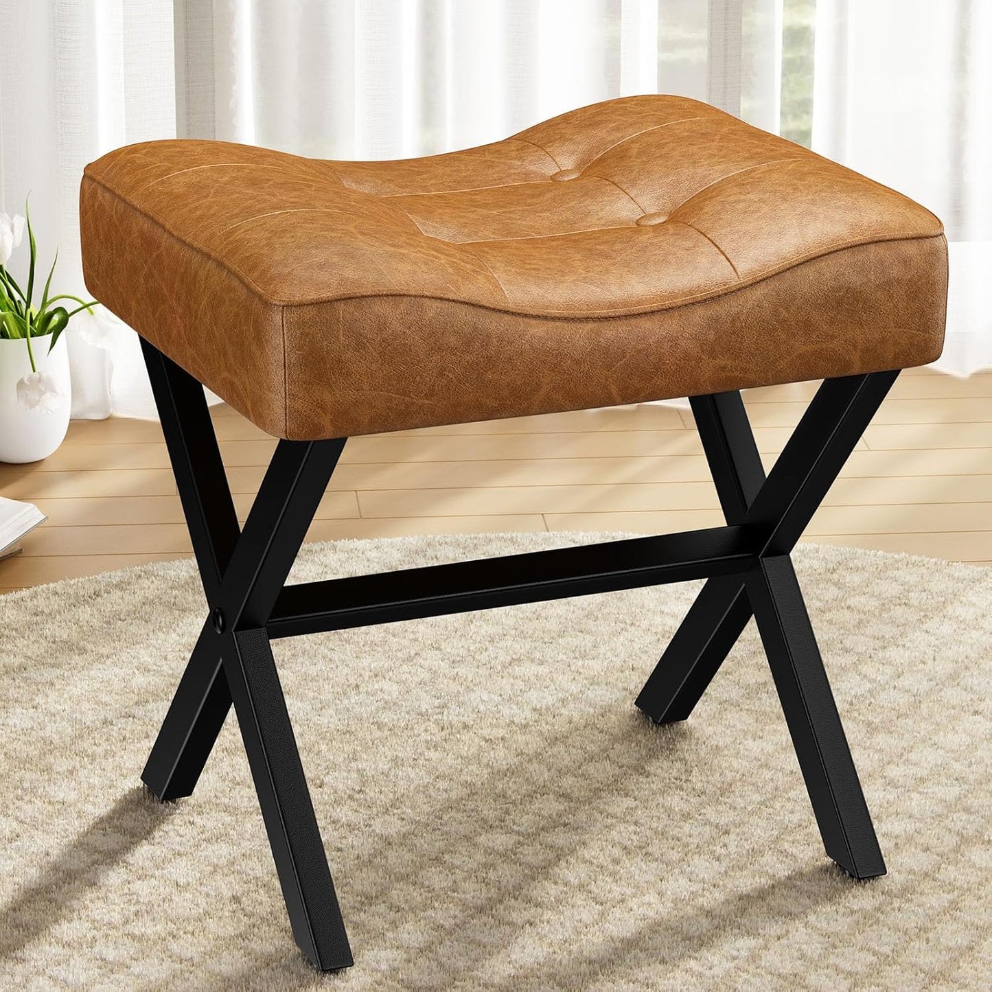 18-Inch Leather Vanity Stool Chair, Vanity Bench with Metal X-Leg, Ottoman Accent Stool with Thick Padded Saddle Seat, Black