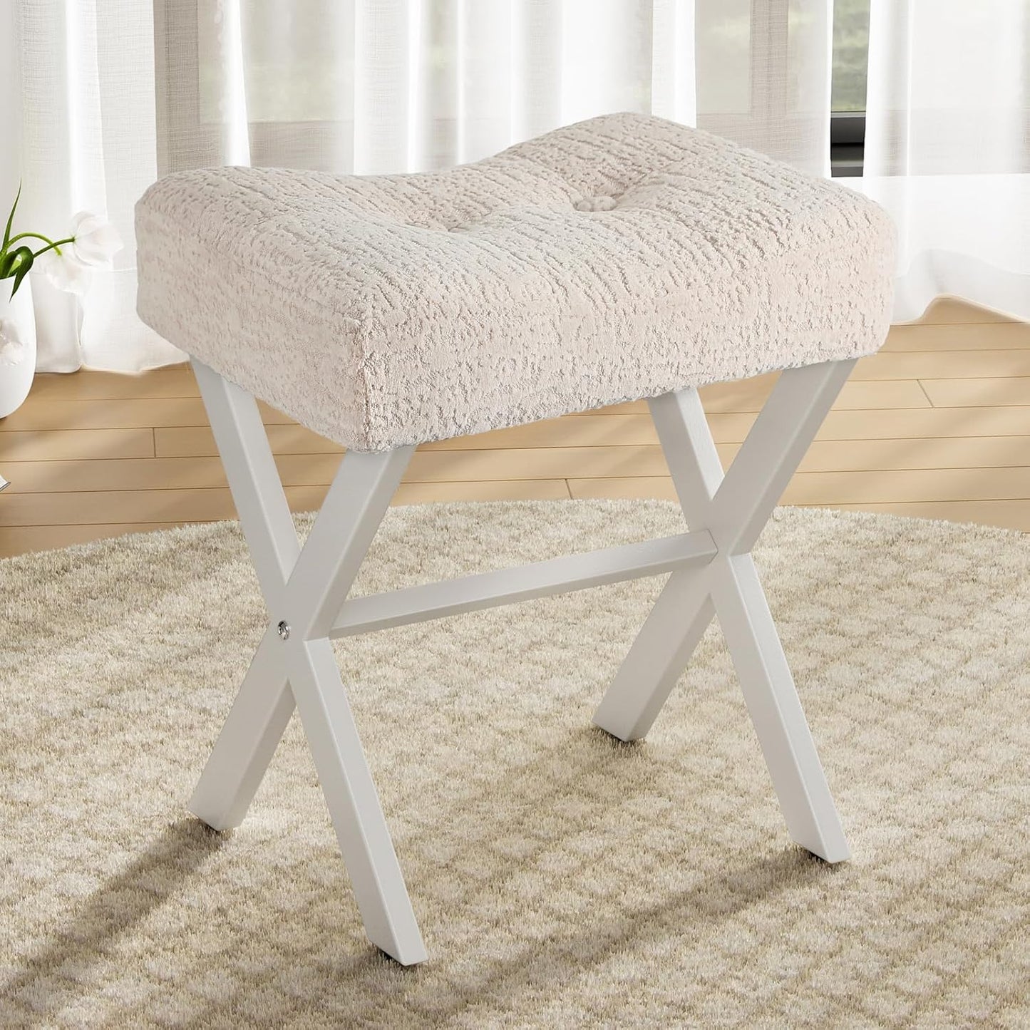 18-Inch Leather Vanity Stool Chair, Vanity Bench with Metal X-Leg, Ottoman Accent Stool with Thick Padded Saddle Seat, Black