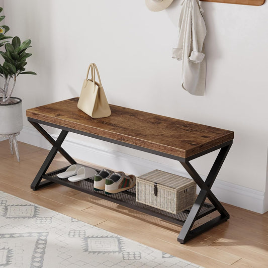 LVB Rustic Entryway Bench with Shoe Storage, Wooden and Metal Shoe Bench with Seating, Industrial Indoor Bench for Living Room Bedroom, Shoe Rack Bench for Foyer Hallway Entrance, Rustic Brown, 39 in
