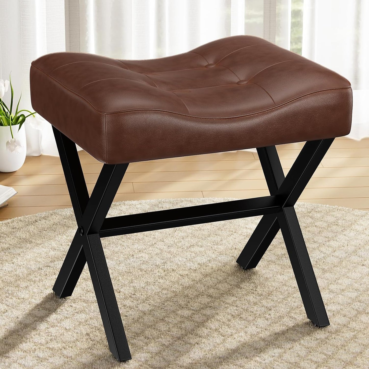 18-Inch Leather Vanity Stool Chair, Vanity Bench with Metal X-Leg, Ottoman Accent Stool with Thick Padded Saddle Seat, Black