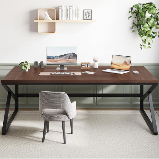 HSH 70 Inch Long Walnut Desk, 2 Person Large Work Desk for Home Office, Rustic Wood and Metal Executive Writing Study Gaming Computer Table, Modern Bedroom Living Room PC Laptop Dual Monitor Table